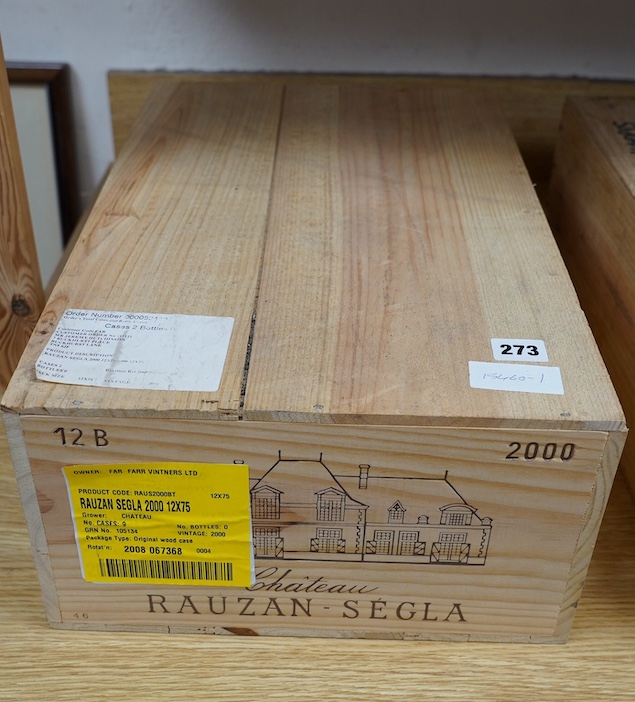 A sealed case of twelve bottles of Chateau Rauzan Segla 2000. Condition - good